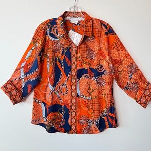 New GRETCHEN SCOTT Orange Navy Preppy Equestrian Derby Button Front Blouse SMALL